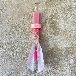 Πασχαλινή λαμπάδα με μπρελόκ φλοράλ με πέρλες, αρωματική, ροζ